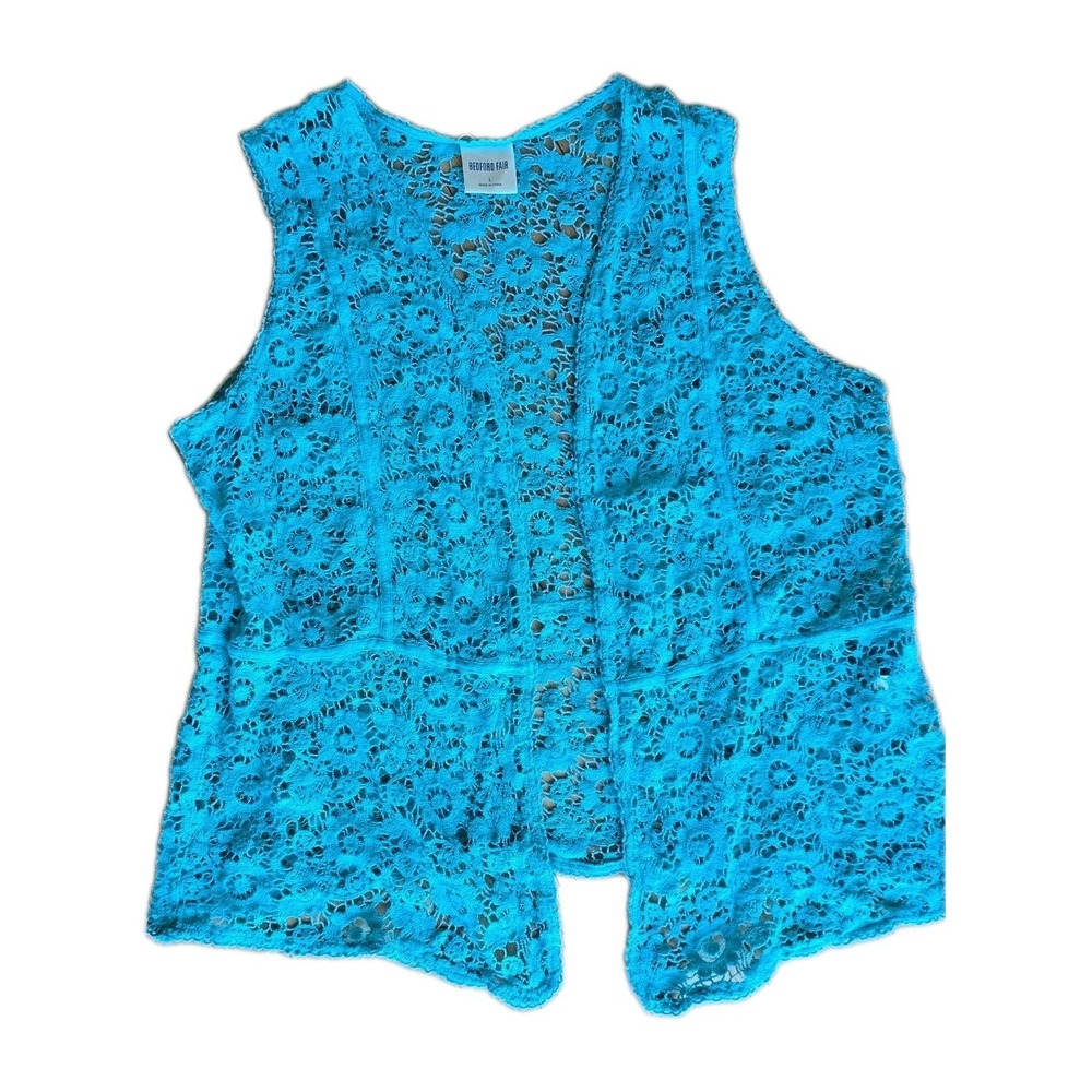 Openwork Fishnet Cardi Vest Festival Retro 70's Turquoise Granny Scalloped Large